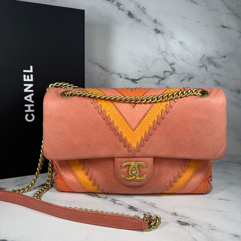 Chanel Patchwork Flap Bag Pink CC Snakeskin Paris-Cuba Medium Iridescent Chevron